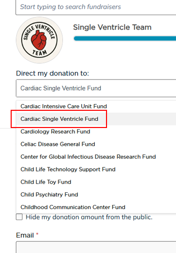 A donation form for the Single Ventricle Team showing a progress bar at 51% of a $15,000 goal, with a dropdown menu selecting the "Cardiac Single Ventricle Fund" from a list of various hospital funds.