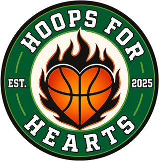 Hoops for Hearts logo — a basketball with a heart flame design, established 2025