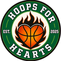 Hoops for Hearts logo — a basketball with a heart flame design, established 2025